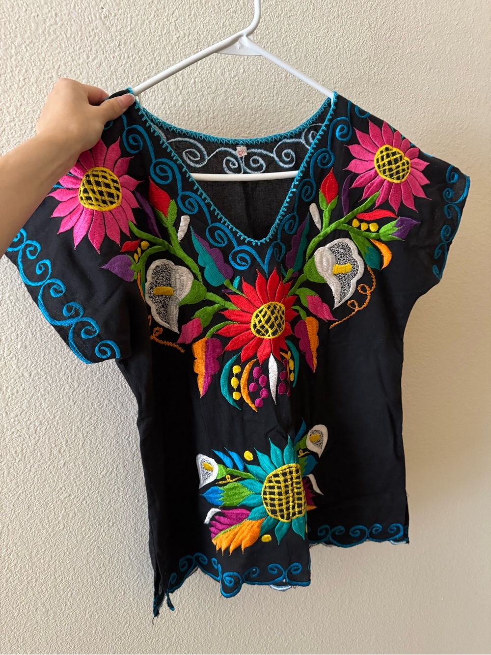 Hand-Embroidered Black Floral V-Neck Women’s Top